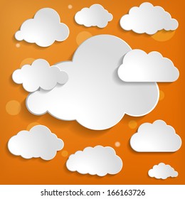 Vector illustration of white clouds collection on an orange background