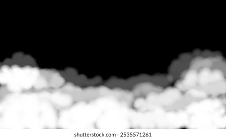 Vector illustration of white clouds or fog isolated on black background. Transparent effect.