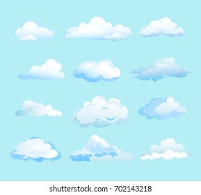 Vector illustration of white clouds on light blue background in flat cartoon style. Different shapes of clouds.