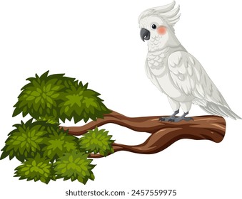 Vector illustration of a white cockatoo on a branch.