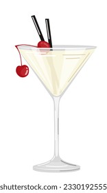 Vector illustration of a white cocktail with cherries on a white background in a flat style. Suitable for menu design, food stickers, scrapbooking.