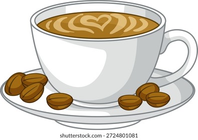 Vektorgrafik einer weißen Kaffeetasse mit Herz Latte Kunst und gerösteten Bohnen