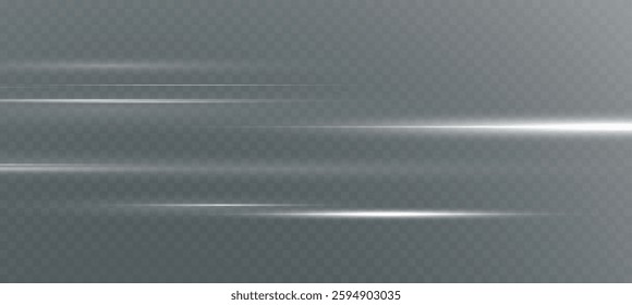 Vector illustration of white color, abstract laser speed lines. Glare, horizontal light rays png. Glowing linear background. A set of bright suns.