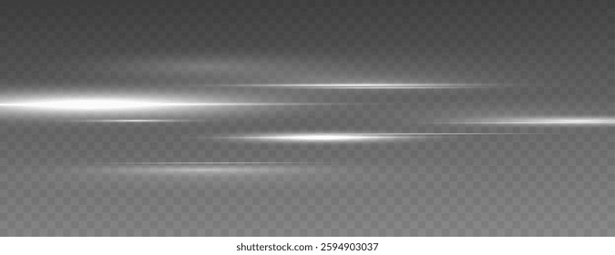 Vector illustration of white color, abstract laser speed lines. Glare, horizontal light rays png. Glowing linear background. A set of bright suns.