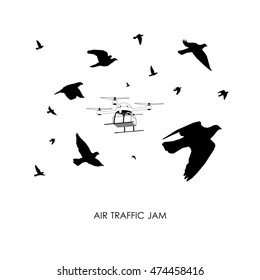 Vector illustration of white color air drone carrying a package on white background.