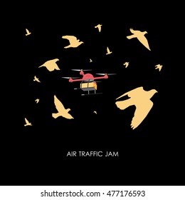 Vector illustration of white color air drone carrying a package on black background.