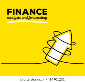 Vector illustration of white color arrow going up with black wire and text on yellow background. Business finance concept. Thin line art flat design of arrow for analysis and forecasting theme
