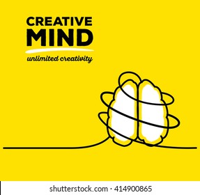 Vector illustration of white color brain with black wire and text on yellow background. Unlimited creativity concept. Thin line art flat design of brain for idea and creative mind theme