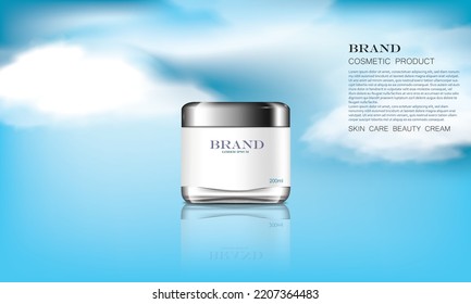  vector illustration white color cosmetic product on the glittering floor,beautiful blue sky behind it,use for cosmetic ad design.