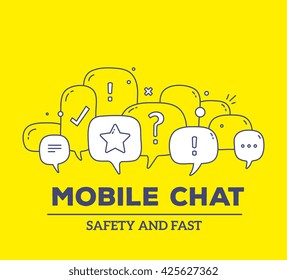 Vector illustration of white color dialog speech bubbles with icons, text mobile chat on yellow background. Safety, fast communication technology concept. Thin line art flat design of mobile chatting