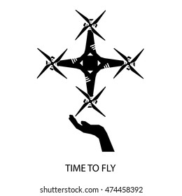 Vector illustration of white color drone flying above the hand on white background.