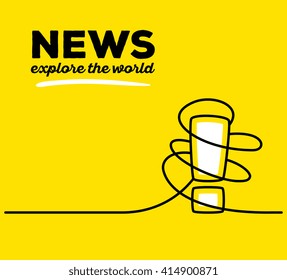 Vector illustration of white color exclamation mark with black wire and text on yellow background. Explore the world concept. Thin line art flat design of exclamation mark for warning theme