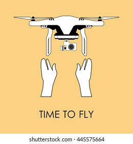 Vector illustration of white color hands holding the drone, preparing for take off on yellow background.