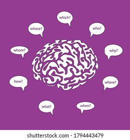 Vector illustration of white color human brain  over the question on purple background. Seeking answer cartoon brain concept. Flat style design of character brain