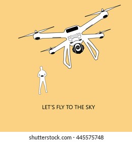 Vector illustration of white color Man controlling a drone. Remote aerial drone with a camera taking photo or video recording on yellow background.