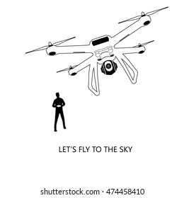 Vector illustration of white color Man controlling a drone. Remote aerial drone with a camera taking photo or video recording on white background.