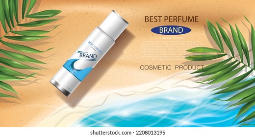 vector illustration white color perfume spray bottle and palm leaves design template on the beach background,use for cosmetic and perfume advertising template.