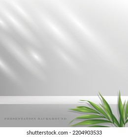 ilustración vectorial color blanco podio realista con plantilla de diseño de hojas de palma, uso para fondo cosmético y de presentación.