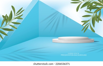 vector illustration white color realistic cylinder podium on the blue color 3D room,blue sky behind the room,beautiful tree branches include,use for cosmetic and presentation background.