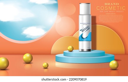 ilustración vectorial color blanco cuidado de la piel realista producto de belleza botella de spray y bolas de metal dorado en el podio de la habitación 3D color naranja, cielo azul detrás de la pared, uso para diseño de anuncios cosméticos.