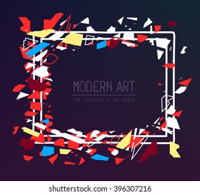 Vector illustration of white color rectangular frame in modern style with colorful abstract pieces and text on dark gradient background. Art design for web, site, poster, brochure, card, paper print.