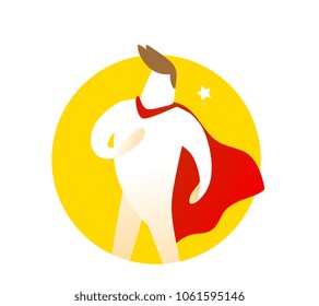 Vector illustration of white color super man with red cloak on yellow background in frame with star. Winner cartoon character concept. Flat style design of leader person for business web banner
