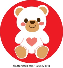 Vector illustration of white color teddy bear on red round. Valentine's day gift concept