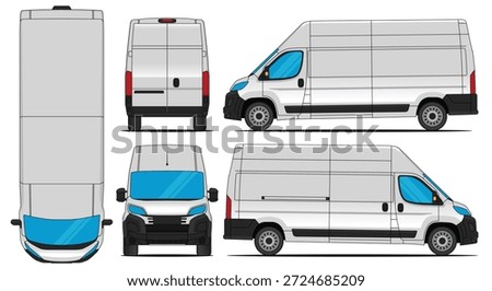 Vector illustration of a white commercial delivery van displayed from multiple perspectives including top, side, front, and rear views, perfect for branding mockups and logistical vehicle designs.
