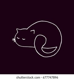 Vector illustration of white contour cat on black background