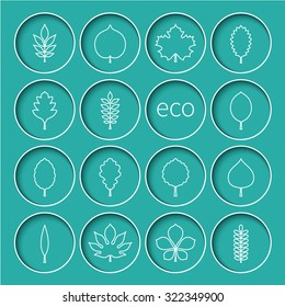 Vector illustration: white contours of different tree leaves icons in concave turquoise circles with white stroke isolated on celadon background