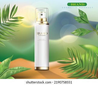 vector illustration white cosmetic spray bottle on outdoor background.beautiful natural background.use for cosmetic advertising.