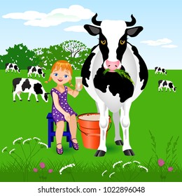 Vector Illustration.  White cow with big black spots on a background of grazing.