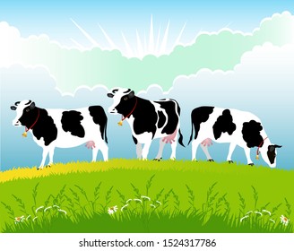 Vector Illustration. White cow with big black spots on a background of alpine meadows.
