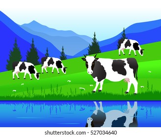 Vector Illustration. White cow with big black spots on a background of alpine meadows. 
