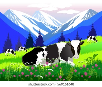 Vector Illustration. White cow with big black spots on a background of alpine meadows.
