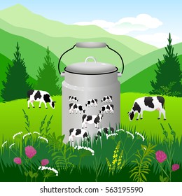 Vector Illustration. White cows with big black spots on a background of alpine meadows.
