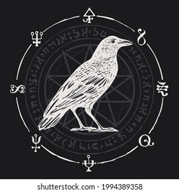 Vector illustration with a white Crow on a black background with an octagonal star, magic runes, esoteric and occult symbols. Vintage banner on the witchcraft theme with a hand-drawn sorcery Raven.