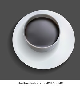 Vector illustration. White cup of coffee on a saucer.