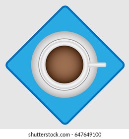 Vector illustration of a white cup with coffee on a saucer on a blue napkin with a blue border on a gray background top view