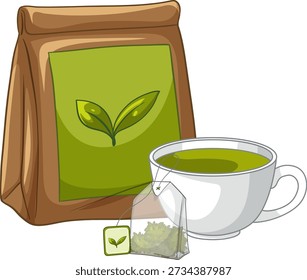Vector illustration of a white cup filled with green tea beside a paper package