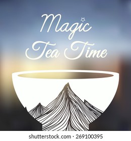 Vector illustration. White cup with mountains with blur background. Magic tea time