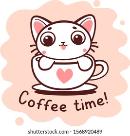 Vector illustration of white cute little cat sitting in cup on white background. Coffee time concept. Line art style design of cat for web, site, valentine day banner, greeting card