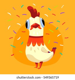 Vector illustration with white cute rooster and confetti isolated on yellow background. Holiday card with funny cartoon character - the symbol of 2017. Concept for design t-shirt print, poster