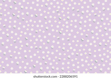 Vector illustration of white daisy flower pattern on pastel purple background for wallpaper, backdrop, fabric print, decoration, blossom, blooming, banner, poster, duvet, garment, kid clothes, nature