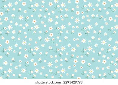 Vector illustration of white daisy flower pattern on green mint background for wallpaper, backdrop, fabric print, decoration, blossom, blooming, banner, poster, duvet, garment, kid clothes, nature