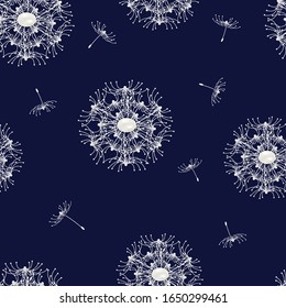 Vector illustration with white dandelion seeds. Floral background. Dandelion fluff silhouette. Beautiful nature backdrop.Seamless pattern for fabric design, print for textile, packaging, scrapbooking.