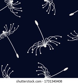 Vector illustration with white dandelion seeds. Floral background. Dandelion fluff silhouette. Beautiful nature backdrop.Seamless pattern for fabric design, print for textile, packaging, scrapbooking.