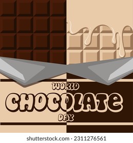 Vector illustration with white and dark chocolate bars in a package for World Chocolate Day. The inscription World Chocolate Day is July 11. Idea for a poster, banner, leaflet. Promotional products