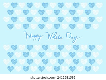 Vector illustration for White Day. Blue and white heart pattern. Happy White Day cursive logo. White Day is a Japanese event where people give gifts in return for Valentine's Day.
