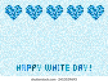Vector illustration for White Day. Heart pattern of pixel art. Frame design. Blue dots pattern background.  White Day is a Japanese event where people give gifts in return for Valentine's Day.